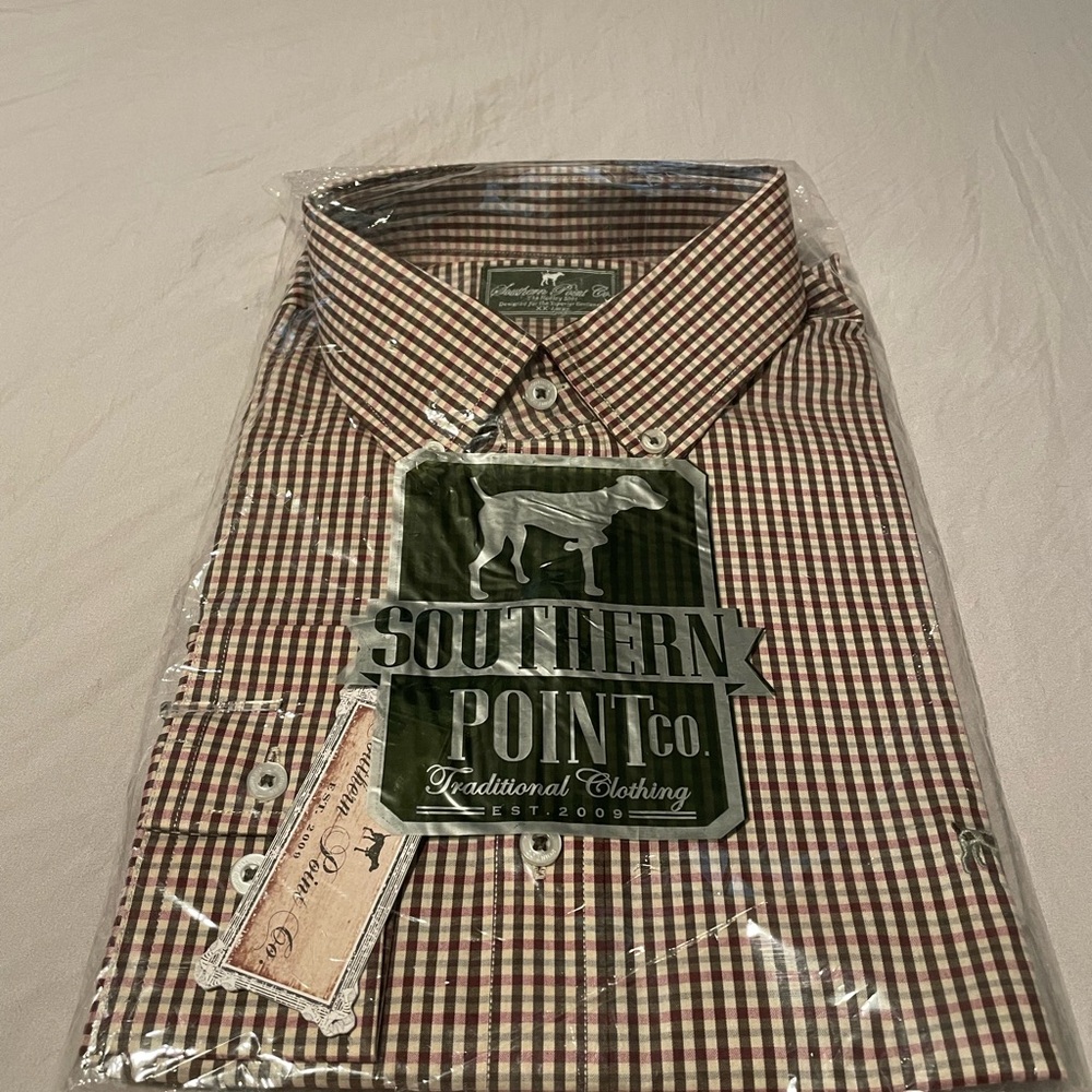 Southern Point Co. Men’s Brown and White Gingham Button-Down Shirt
